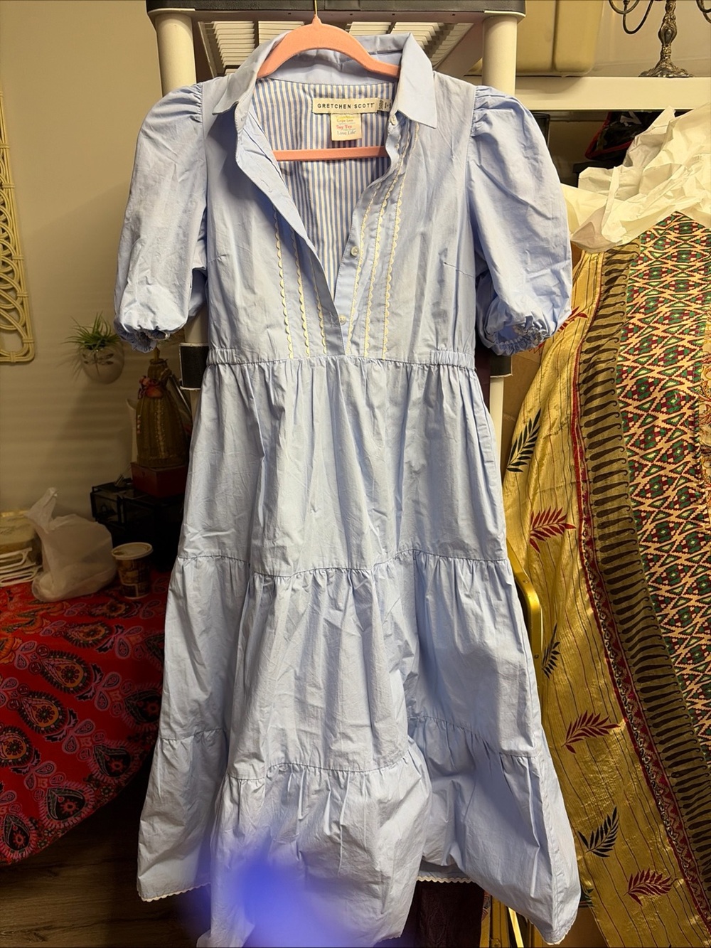 Gretchen Scott Light Blue Puff-Sleeve Tiered Dress roc rac roc light blue s/m